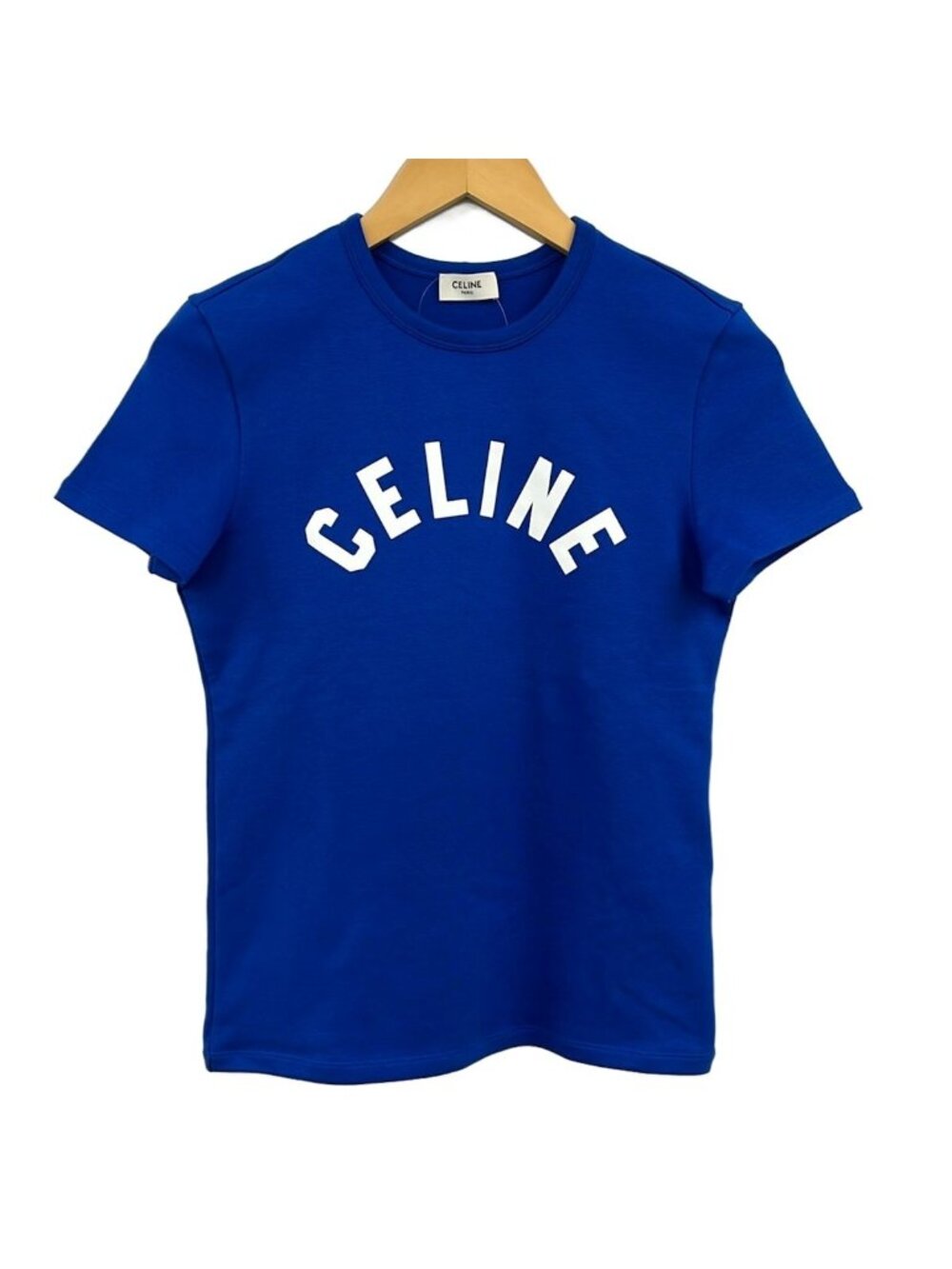 Celine Short Sleeve T-Shirt GG K4 Blue Logo Ribbed Cotton Jersey L